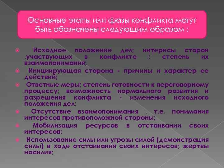 Основные этапы или фазы конфликта могут быть обозначены следующим образом : Исходное положение дел;