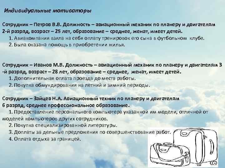 Индивидуальные мотиваторы Сотрудник – Петров В. В. Должность – авиационный механик по планеру и