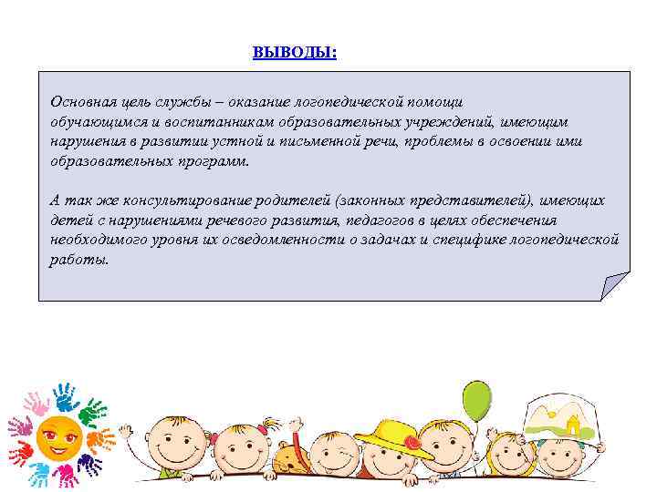 ВЫВОДЫ: Основная цель службы – оказание логопедической помощи обучающимся и воспитанникам образовательных учреждений, имеющим