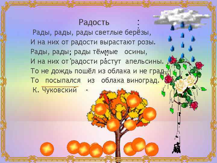 Радость Рады, рады светлые берёзы, И на них от радости вырастают розы. Рады, рады