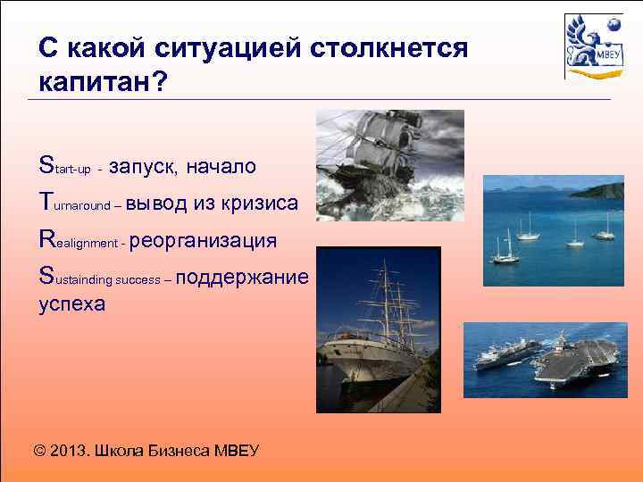 С какой ситуацией столкнется капитан? Start-up - запуск, начало Turnaround – вывод из кризиса