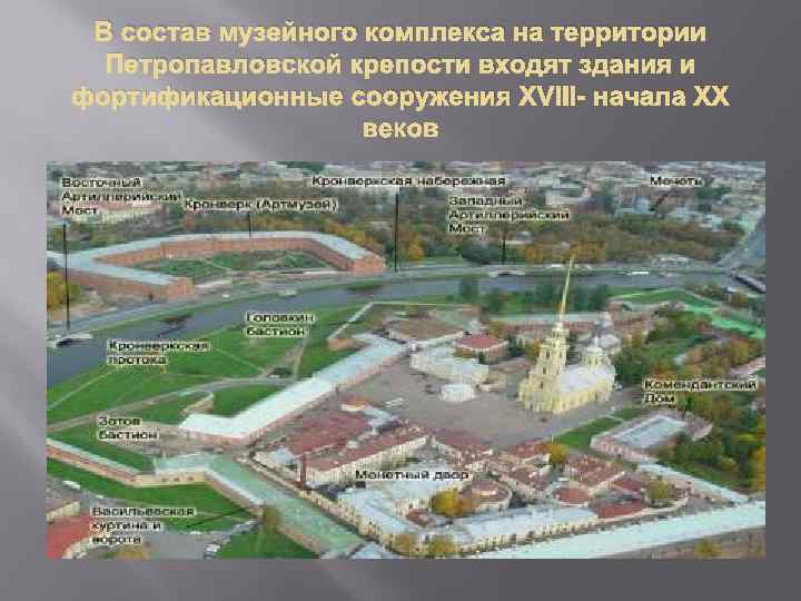 В состав музейного комплекса на территории Петропавловской крепости входят здания и фортификационные сооружения ХVIII-