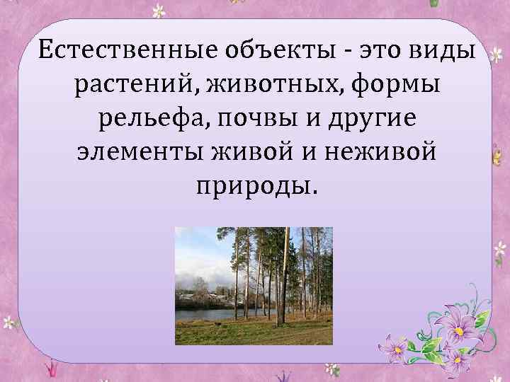 Естественные объекты - это виды растений, животных, формы рельефа, почвы и другие элементы живой