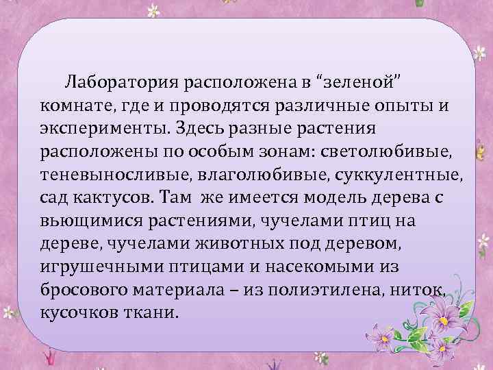 Лаборатория расположена в “зеленой” комнате, где и проводятся различные опыты и эксперименты. Здесь разные