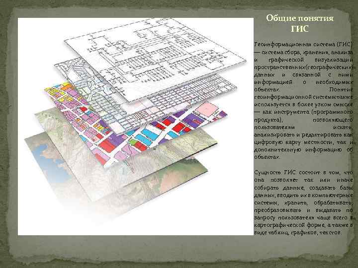 Общие понятия ГИС Геоинформационная система (ГИС) — система сбора, хранения, анализа и графической визуализации