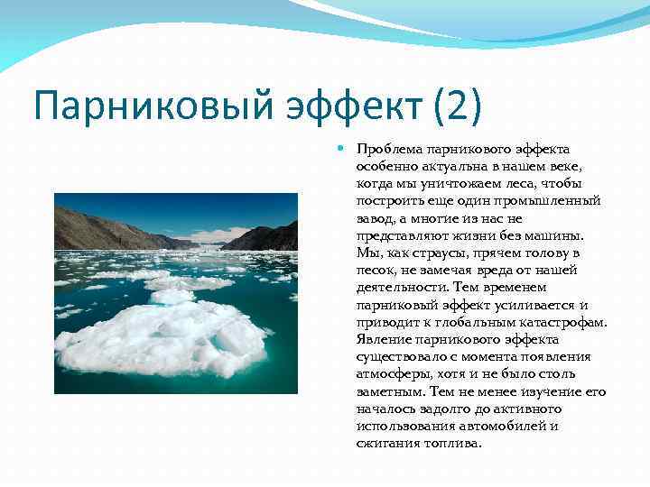 Парниковый эффект (2) Проблема парникового эффекта особенно актуальна в нашем веке, когда мы уничтожаем