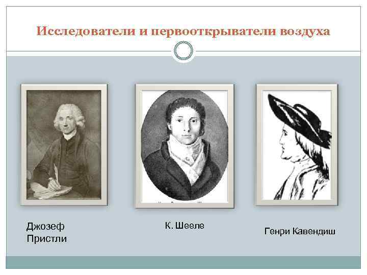 Исследователи и первооткрыватели воздуха Джозеф Пристли К. Шееле Генри Кавендиш 