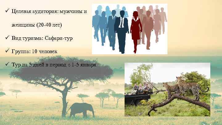 ü Целевая аудитория: мужчины и женщины (20 -40 лет) ü Вид туризма: Сафари-тур ü