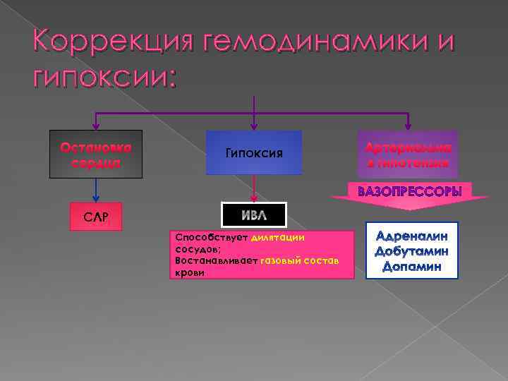 Коррекция гемодинамики и гипоксии: Остановка сердца Гипоксия Артериальна я гипотензия СЛР Способствует дилятации сосудов;