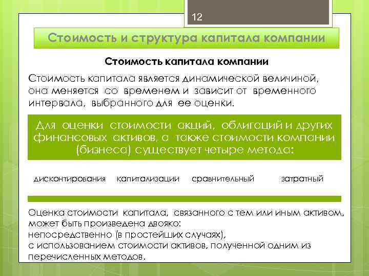 12 Стоимость и структура капитала компании Стоимость капитала является динамической величиной, она меняется со