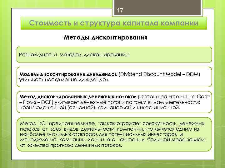 17 Стоимость и структура капитала компании Методы дисконтирования Разновидности методов дисконтирования: Модель дисконтирования дивидендов