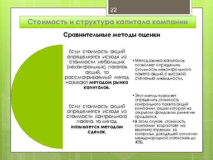 22 Стоимость и структура капитала компании Сравнительные методы оценки Если стоимость акций определяется исходя