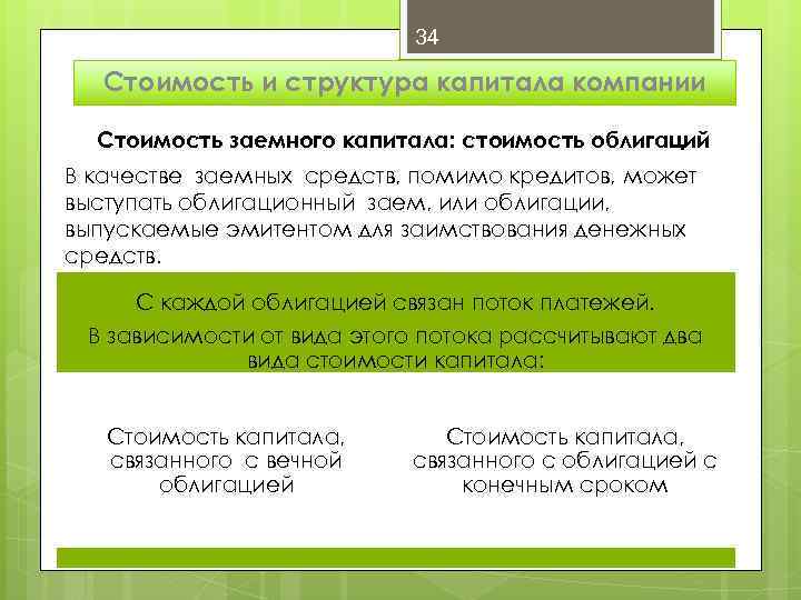 34 Стоимость и структура капитала компании Стоимость заемного капитала: стоимость облигаций В качестве заемных
