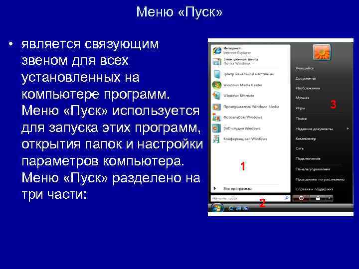 Меню «Пуск» • является связующим звеном для всех установленных на компьютере программ. Меню «Пуск»