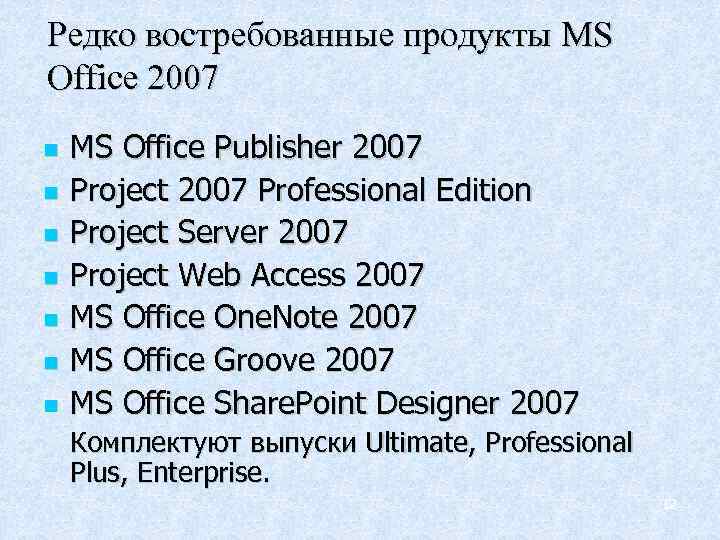 Редко востребованные продукты MS Office 2007 MS Office Publisher 2007 Project 2007 Professional Edition