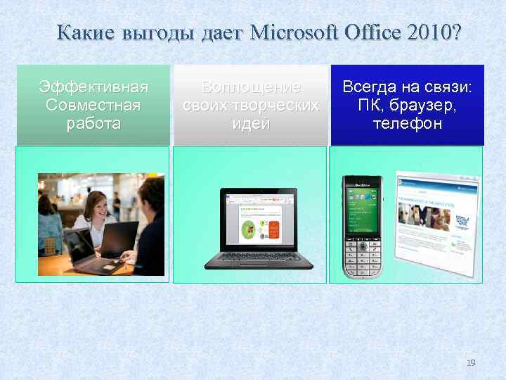 Какие выгоды дает Microsoft Office 2010? Эффективная Совместная работа Воплощение своих творческих идей Всегда