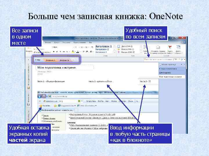 Больше чем записная книжка: One. Note Все записи в одном месте Удобная вставка экранных