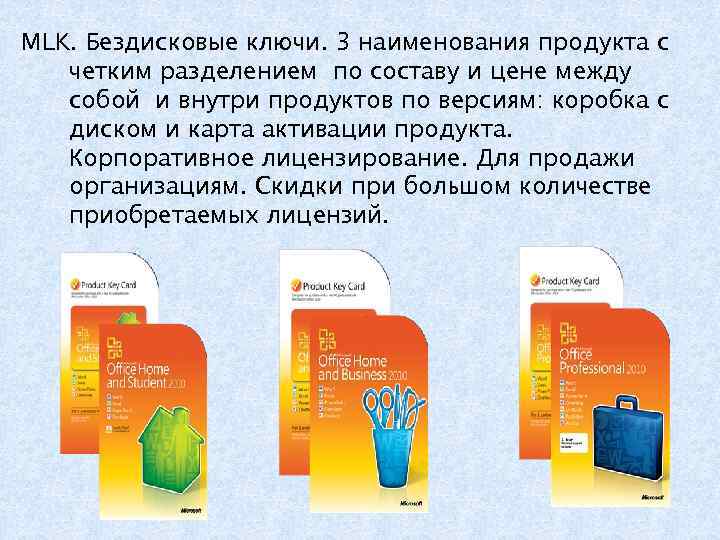 MLK. Бездисковые ключи. 3 наименования продукта с четким разделением по составу и цене между