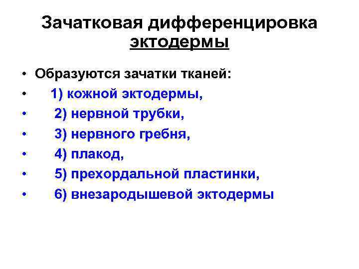 Зачатковая дифференцировка эктодермы • • Образуются зачатки тканей: 1) кожной эктодермы, 2) нервной трубки,