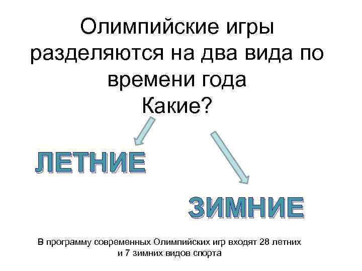 Олимпийские игры разделяются на два вида по времени года Какие? ЛЕТНИЕ ЗИМНИЕ В программу