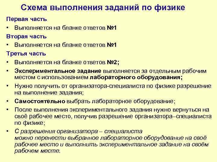 Схема выполнения заданий по физике Первая часть • Выполняется на бланке ответов № 1