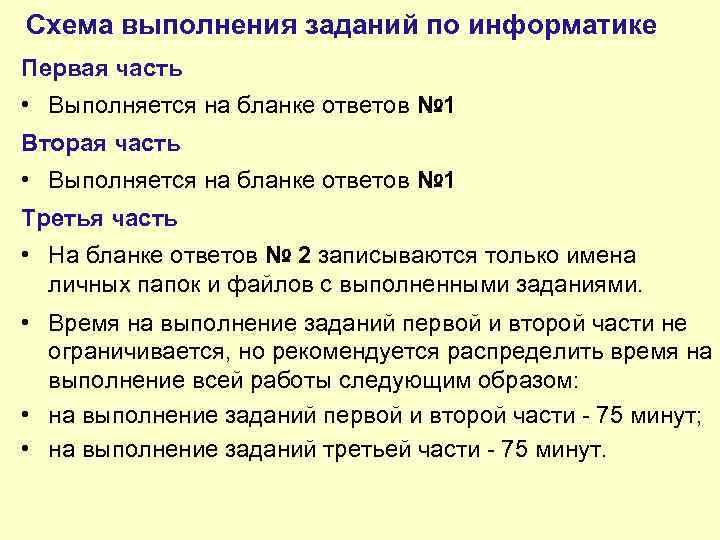 Схема выполнения заданий по информатике Первая часть • Выполняется на бланке ответов № 1