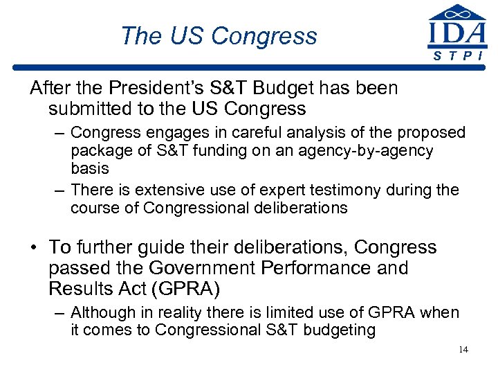 The US Congress S T P I After the President’s S&T Budget has been