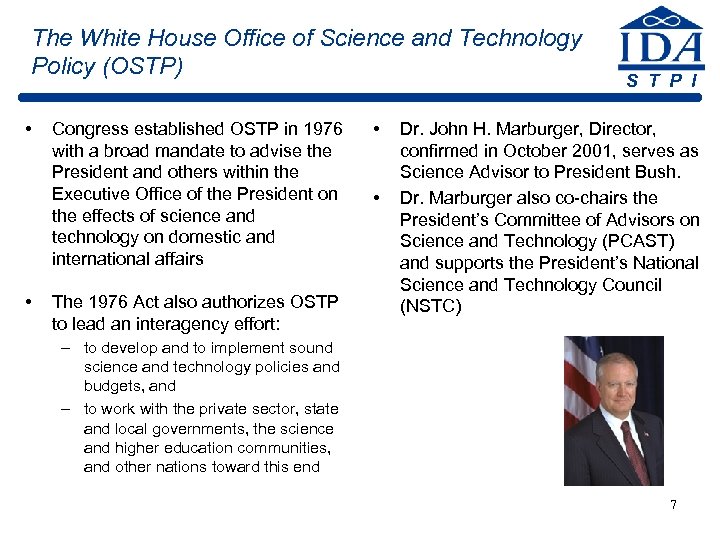 The White House Office of Science and Technology Policy (OSTP) • • Congress established