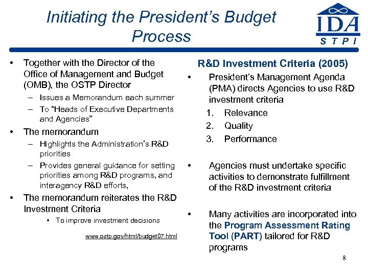 Initiating the President’s Budget Process • Together with the Director of the Office of