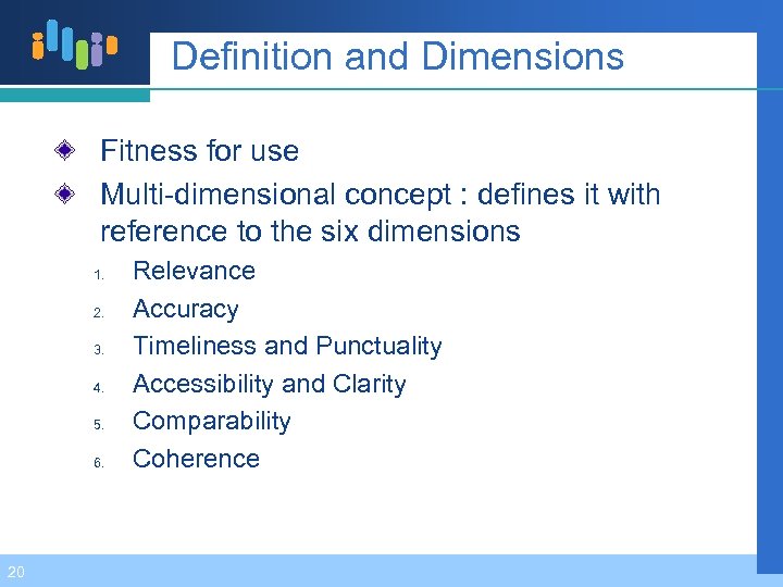 Definition and Dimensions Fitness for use Multi-dimensional concept : defines it with reference to