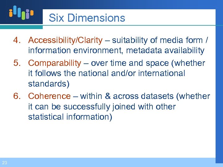 Six Dimensions 4. Accessibility/Clarity – suitability of media form / information environment, metadata availability