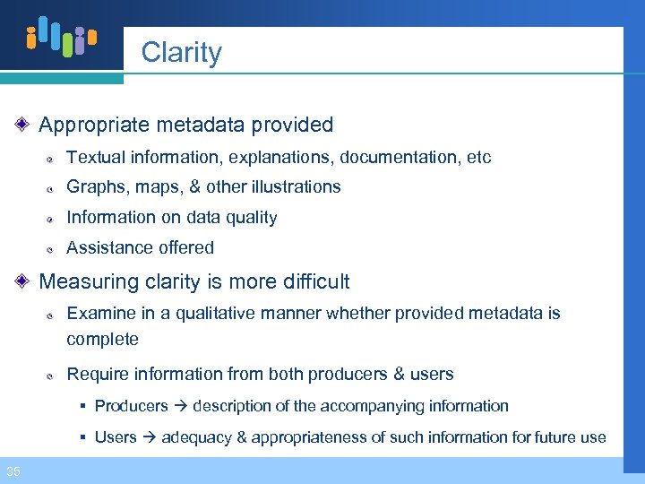 Clarity Appropriate metadata provided Textual information, explanations, documentation, etc Graphs, maps, & other illustrations