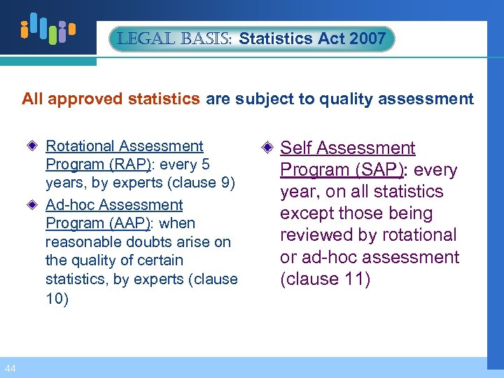 legal Basis: Statistics Act 2007 All approved statistics are subject to quality assessment Rotational