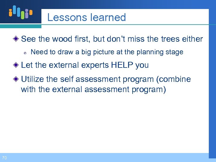 Lessons learned See the wood first, but don’t miss the trees either Need to