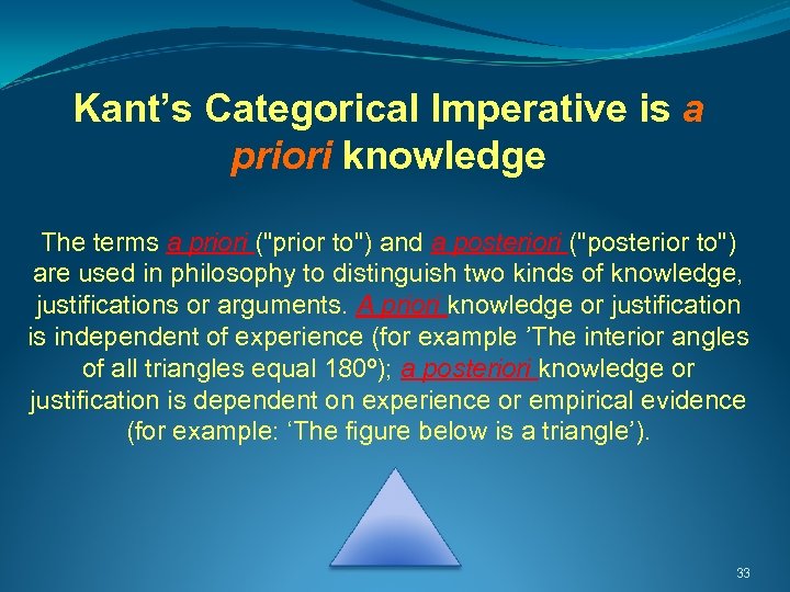 Kant’s Categorical Imperative is a priori knowledge The terms a priori ("prior to") and