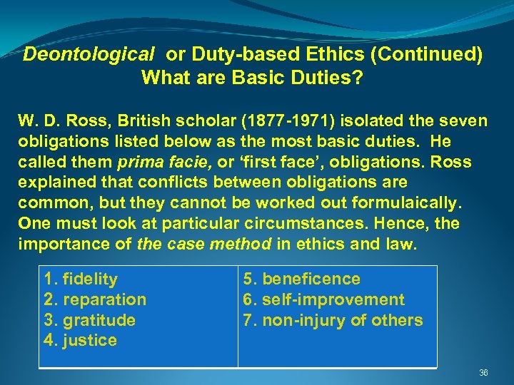 Deontological or Duty-based Ethics (Continued) What are Basic Duties? W. D. Ross, British scholar