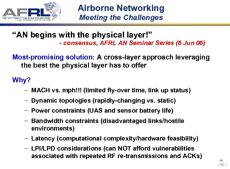 Airborne Networking Meeting the Challenges “AN begins with the physical layer!” - consensus, AFRL