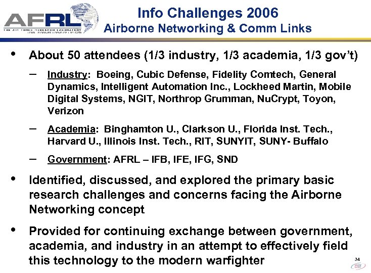 Info Challenges 2006 Airborne Networking & Comm Links • About 50 attendees (1/3 industry,