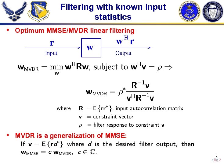 Filtering with known input statistics • Optimum MMSE/MVDR linear filtering • MVDR is a