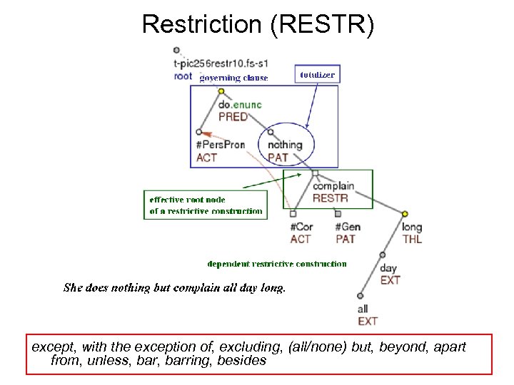 Restriction (RESTR) except, with the exception of, excluding, (all/none) but, beyond, apart from, unless,