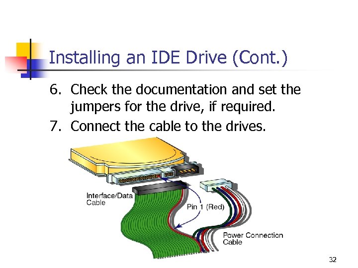 Installing an IDE Drive (Cont. ) 6. Check the documentation and set the jumpers