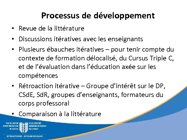 Processus de développement • Revue de la littérature • Discussions itératives avec les enseignants