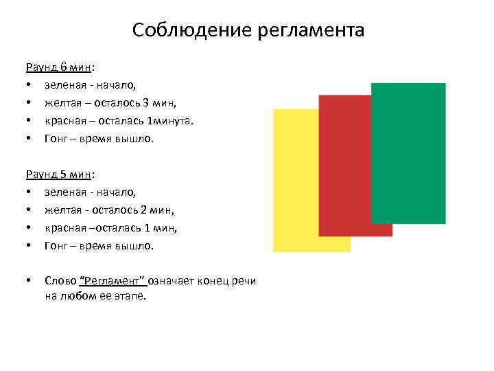 Соблюдение регламента Раунд 6 мин: • зеленая - начало, • желтая – осталось 3