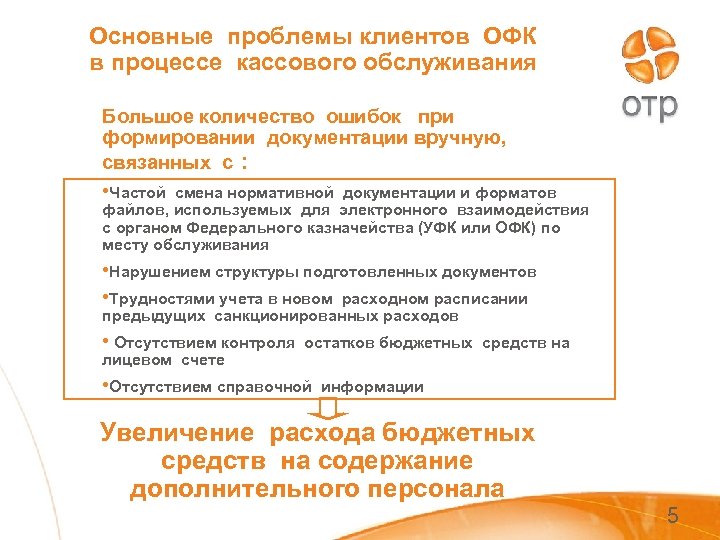 Основные проблемы клиентов ОФК в процессе кассового обслуживания Большое количество ошибок при формировании документации