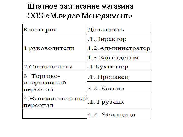  Штатное расписание магазина ООО «М. видео Менеджмент» 