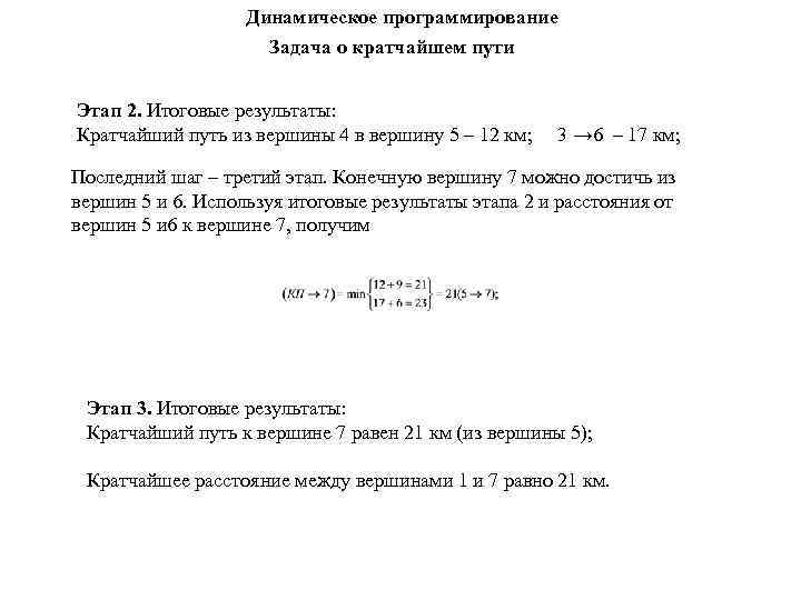 Динамическое программирование Задача о кратчайшем пути Этап 2. Итоговые результаты: Кратчайший путь из вершины
