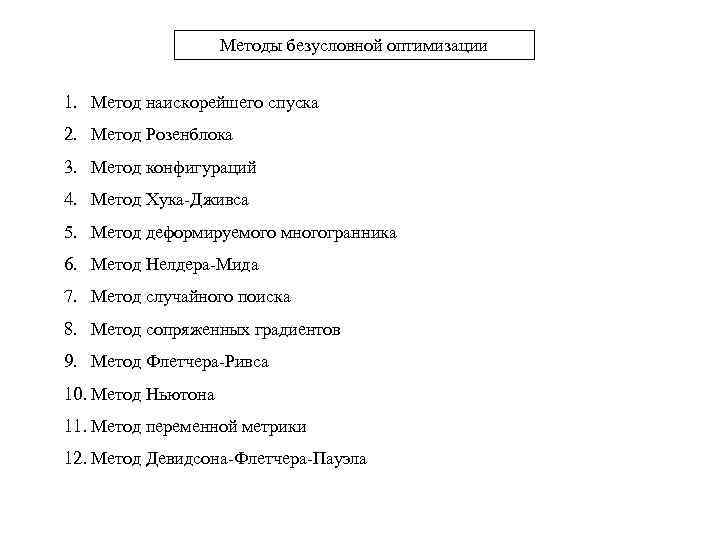 Методы безусловной оптимизации 1. Метод наискорейшего спуска 2. Метод Розенблока 3. Метод конфигураций 4.