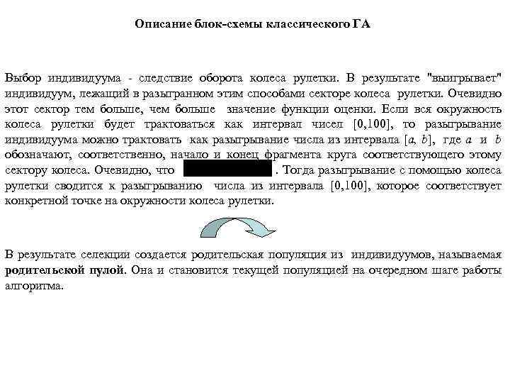 Описание блок-схемы классического ГА Выбор индивидуума - следствие оборота колеса рулетки. В результате 