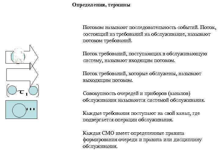 Определения, термины Потоком называют последовательность событий. Поток, состоящий из требований на обслуживание, называют потоком