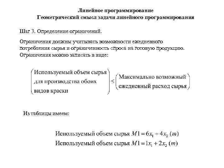 Линейное программирование Геометрический смысл задачи линейного программирования Шаг 3. Определение ограничений. Ограничения должны учитывать
